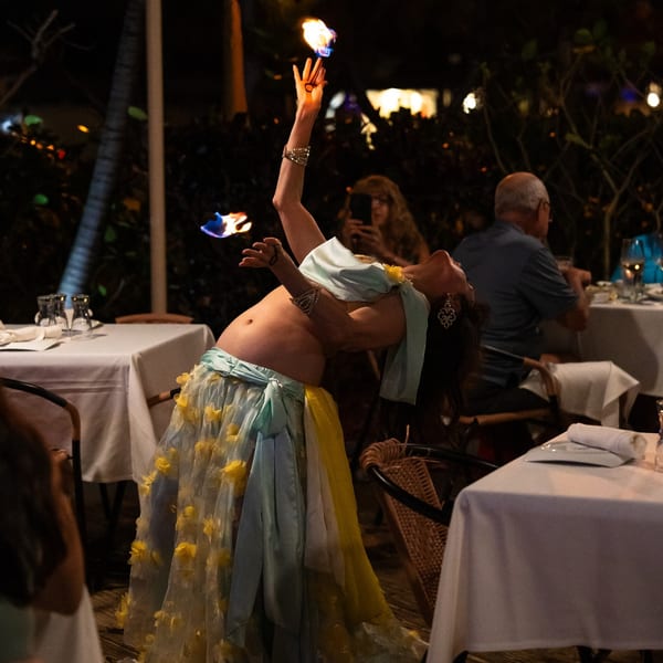 A belly dancer with fire on her fingertips performs for diners at Leila Restaurant.